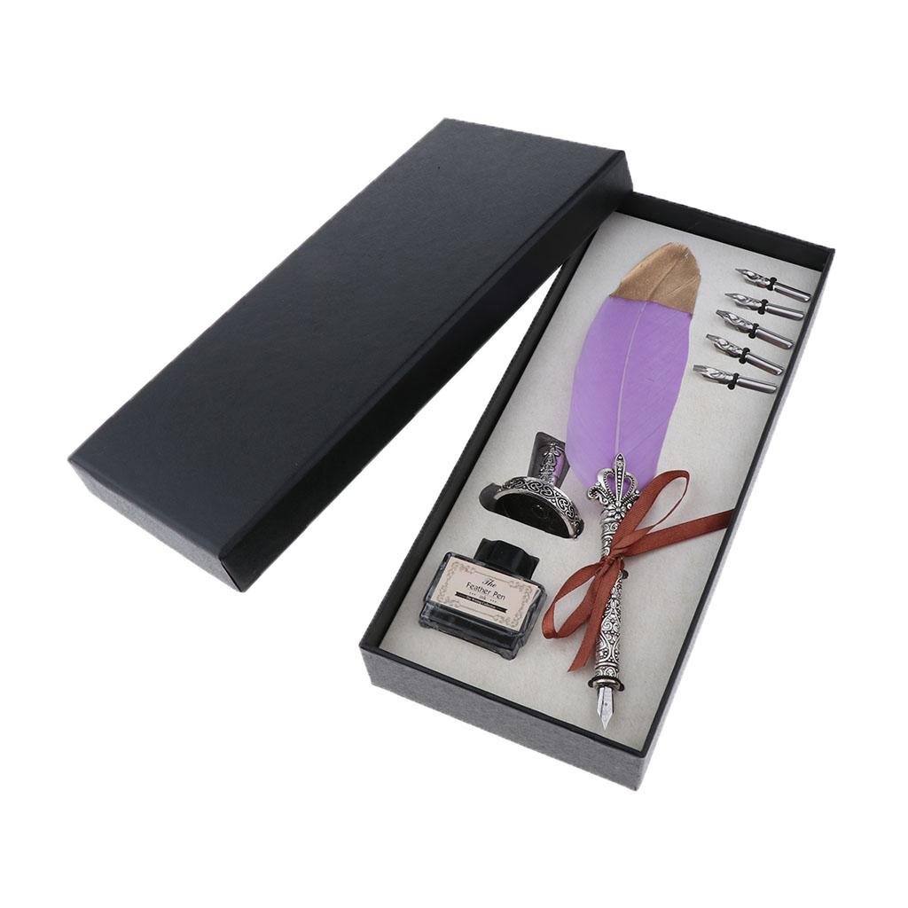 Fountain Pen Bottled Ink - Set Pena Antik dengan Bulu untuk